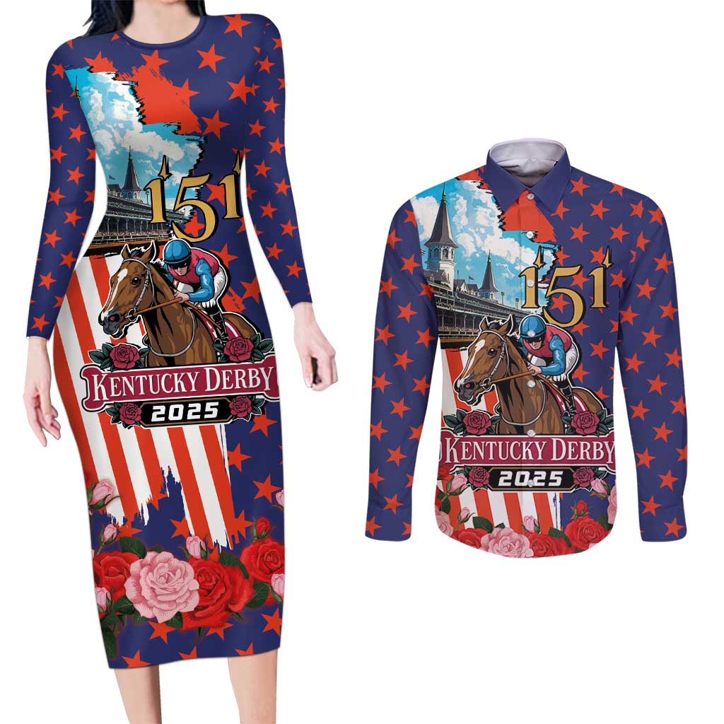 Kentucky Horses Racing 2025 Couples Matching Long Sleeve Bodycon Dress and Long Sleeve Button Shirt Anniversary 151st The Race for the Roses