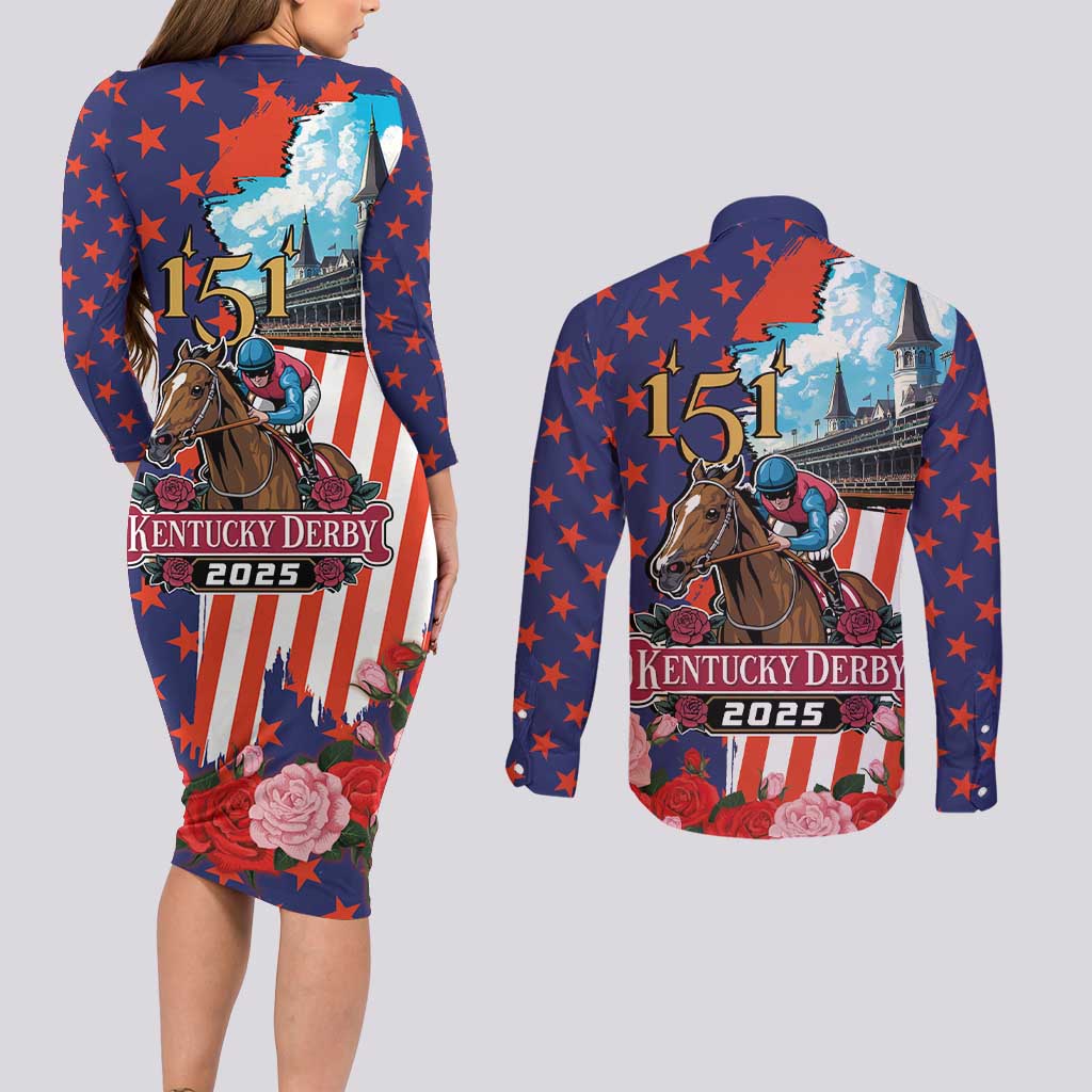 Kentucky Horses Racing 2025 Couples Matching Long Sleeve Bodycon Dress and Long Sleeve Button Shirt Anniversary 151st The Race for the Roses