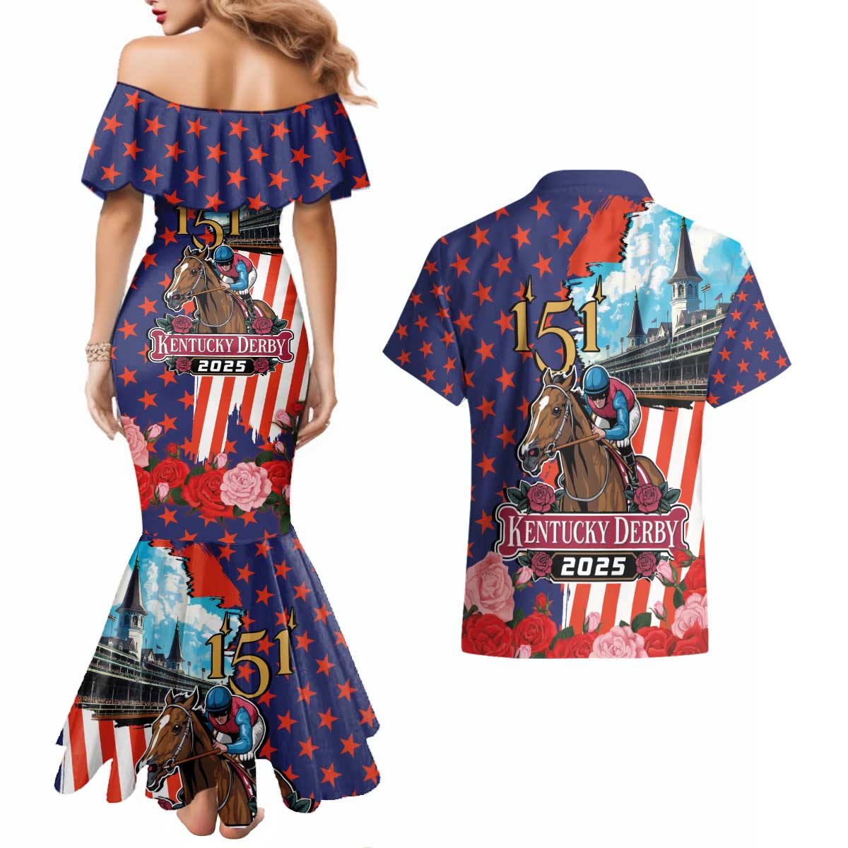 Kentucky Horses Racing 2025 Couples Matching Mermaid Dress and Hawaiian Shirt Anniversary 151st The Race for the Roses