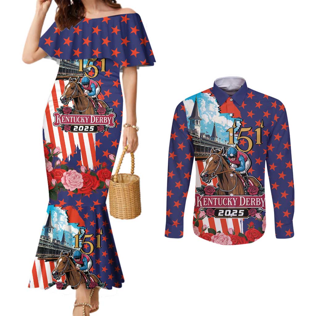 Kentucky Horses Racing 2025 Couples Matching Mermaid Dress and Long Sleeve Button Shirt Anniversary 151st The Race for the Roses