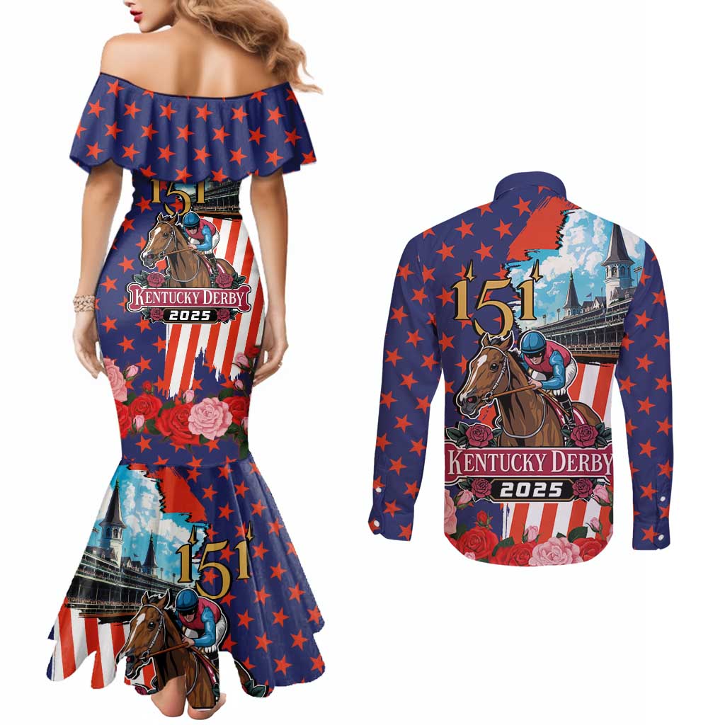 Kentucky Horses Racing 2025 Couples Matching Mermaid Dress and Long Sleeve Button Shirt Anniversary 151st The Race for the Roses