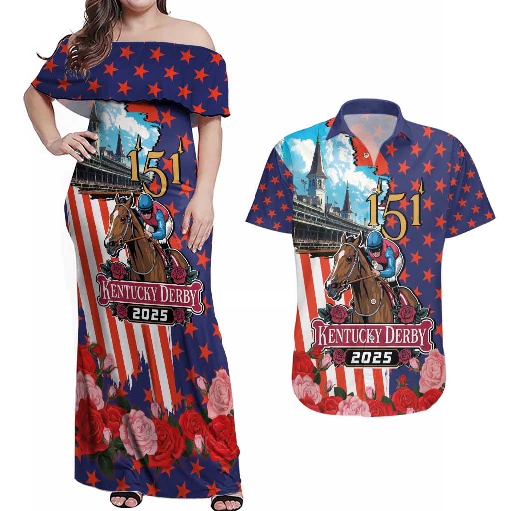 Kentucky Horses Racing 2025 Couples Matching Off Shoulder Maxi Dress and Hawaiian Shirt Anniversary 151st The Race for the Roses