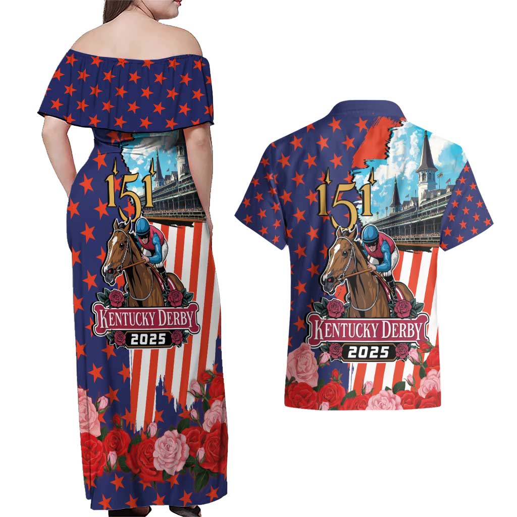 Kentucky Horses Racing 2025 Couples Matching Off Shoulder Maxi Dress and Hawaiian Shirt Anniversary 151st The Race for the Roses