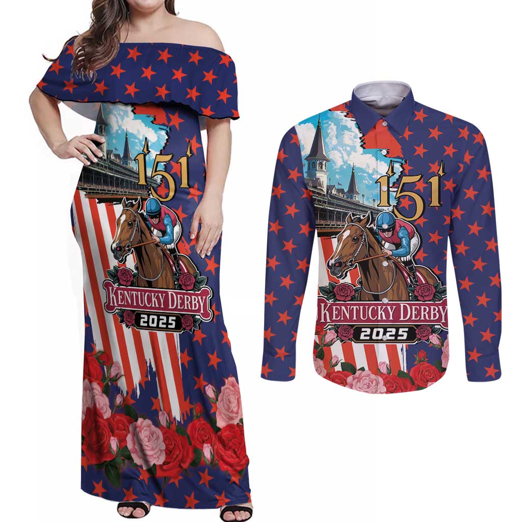Kentucky Horses Racing 2025 Couples Matching Off Shoulder Maxi Dress and Long Sleeve Button Shirt Anniversary 151st The Race for the Roses