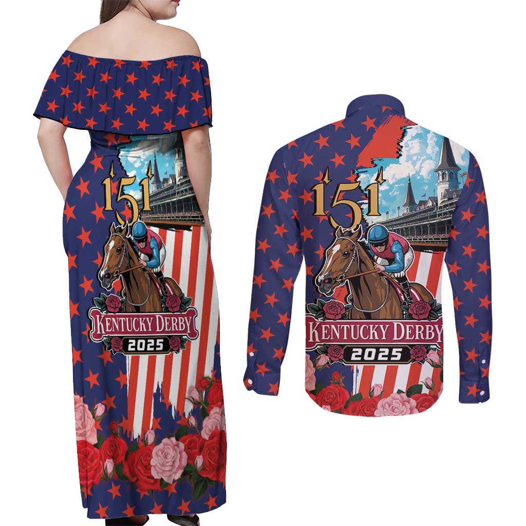 Kentucky Horses Racing 2025 Couples Matching Off Shoulder Maxi Dress and Long Sleeve Button Shirt Anniversary 151st The Race for the Roses