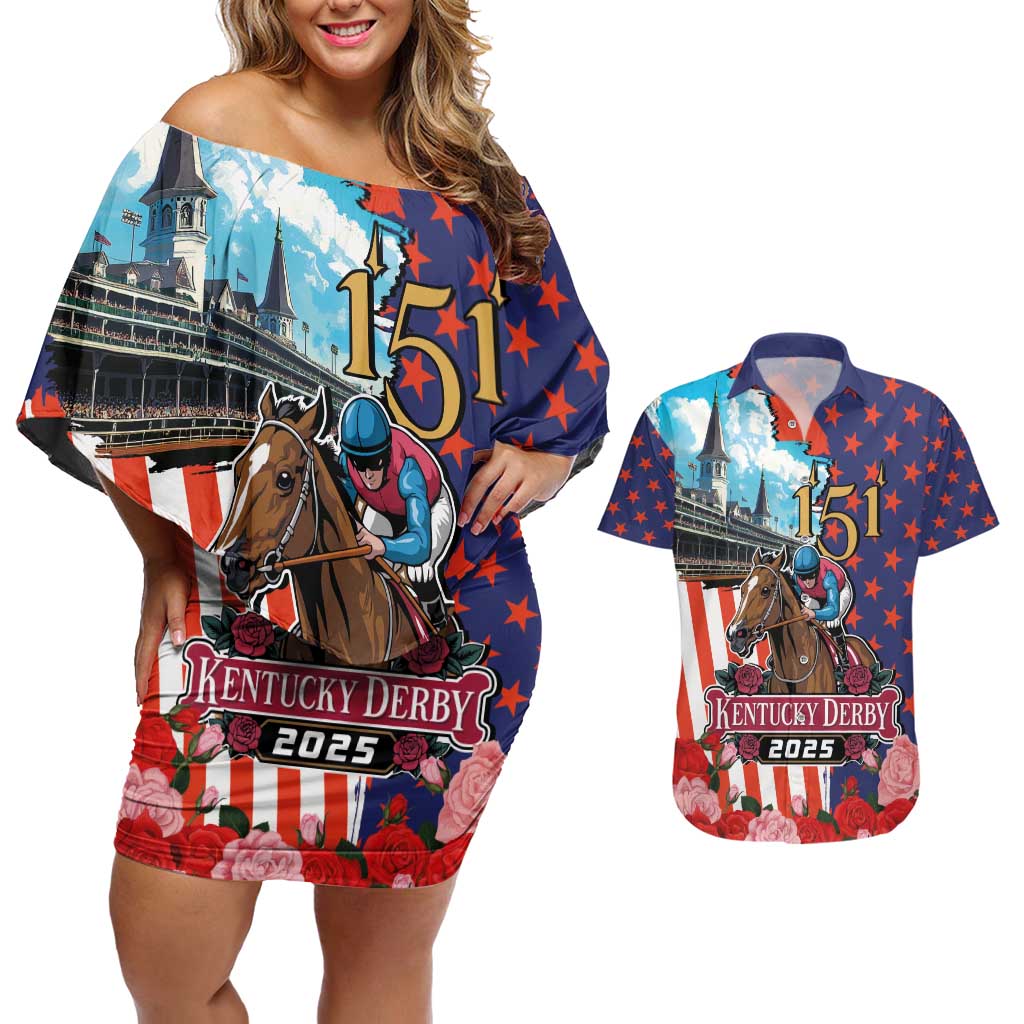 Kentucky Horses Racing 2025 Couples Matching Off Shoulder Short Dress and Hawaiian Shirt Anniversary 151st The Race for the Roses