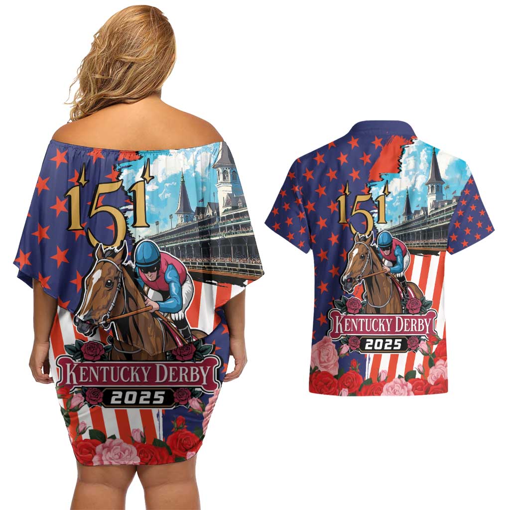 Kentucky Horses Racing 2025 Couples Matching Off Shoulder Short Dress and Hawaiian Shirt Anniversary 151st The Race for the Roses