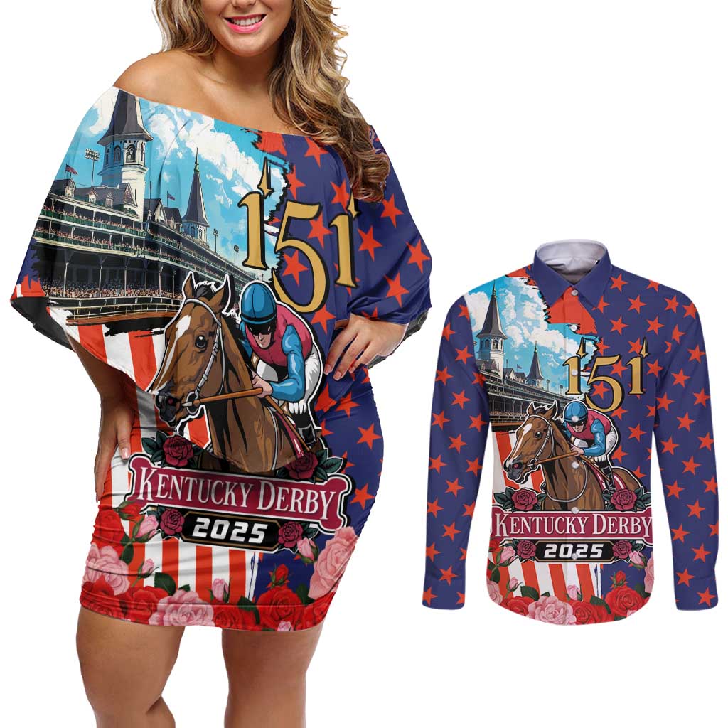Kentucky Horses Racing 2025 Couples Matching Off Shoulder Short Dress and Long Sleeve Button Shirt Anniversary 151st The Race for the Roses