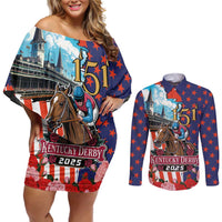 Kentucky Horses Racing 2025 Couples Matching Off Shoulder Short Dress and Long Sleeve Button Shirt Anniversary 151st The Race for the Roses