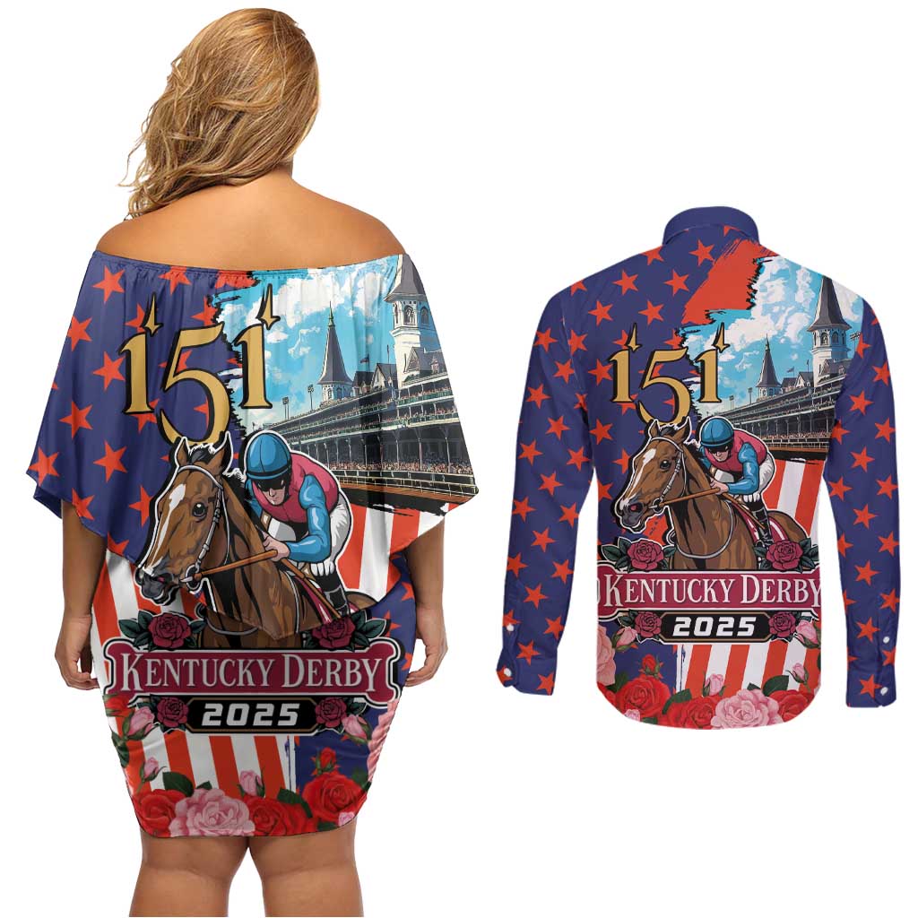 Kentucky Horses Racing 2025 Couples Matching Off Shoulder Short Dress and Long Sleeve Button Shirt Anniversary 151st The Race for the Roses