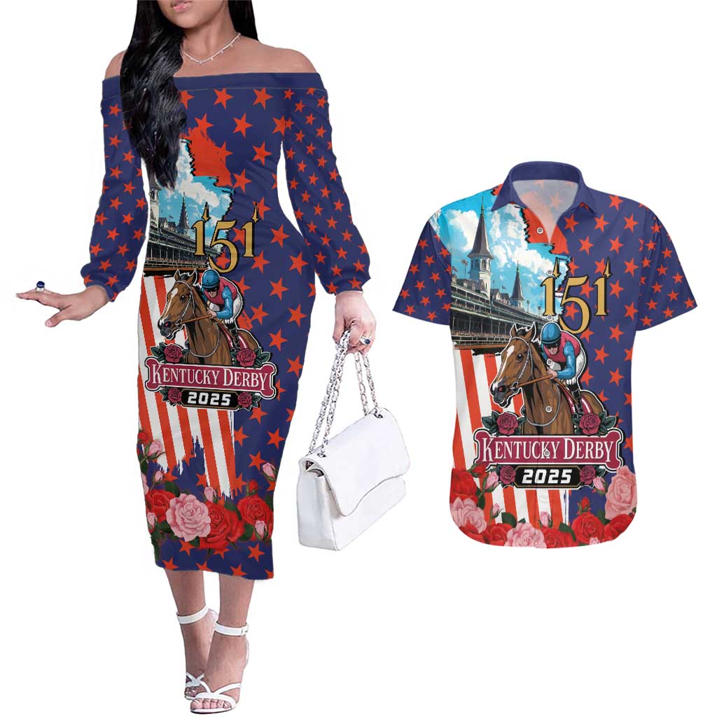 Kentucky Horses Racing 2025 Couples Matching Off The Shoulder Long Sleeve Dress and Hawaiian Shirt Anniversary 151st The Race for the Roses
