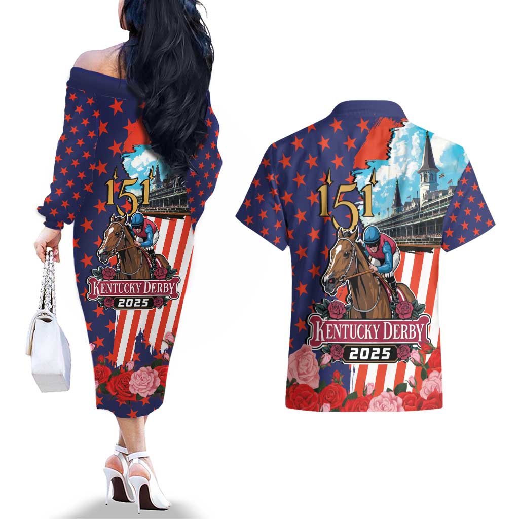 Kentucky Horses Racing 2025 Couples Matching Off The Shoulder Long Sleeve Dress and Hawaiian Shirt Anniversary 151st The Race for the Roses
