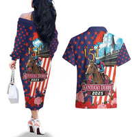 Kentucky Horses Racing 2025 Couples Matching Off The Shoulder Long Sleeve Dress and Hawaiian Shirt Anniversary 151st The Race for the Roses
