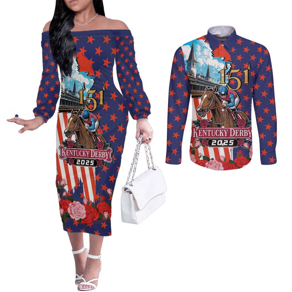 Kentucky Horses Racing 2025 Couples Matching Off The Shoulder Long Sleeve Dress and Long Sleeve Button Shirt Anniversary 151st The Race for the Roses