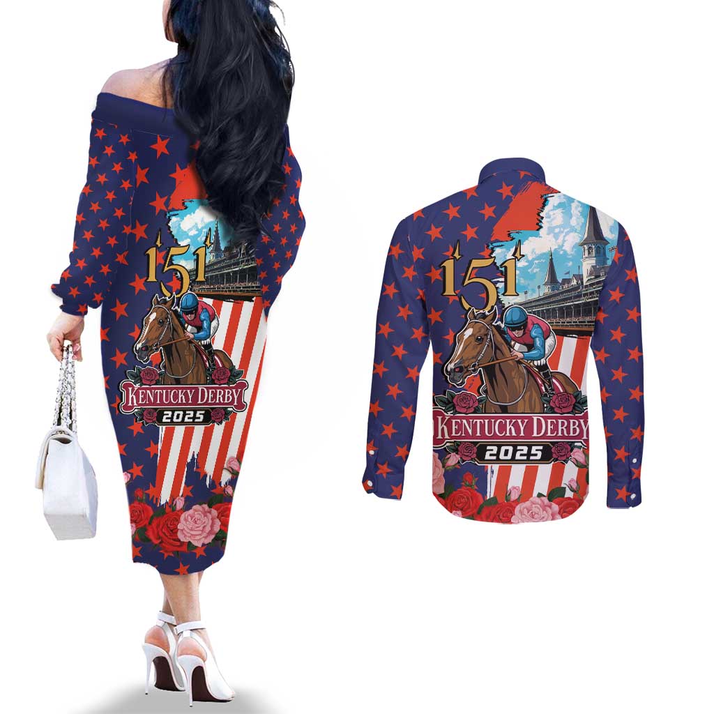 Kentucky Horses Racing 2025 Couples Matching Off The Shoulder Long Sleeve Dress and Long Sleeve Button Shirt Anniversary 151st The Race for the Roses