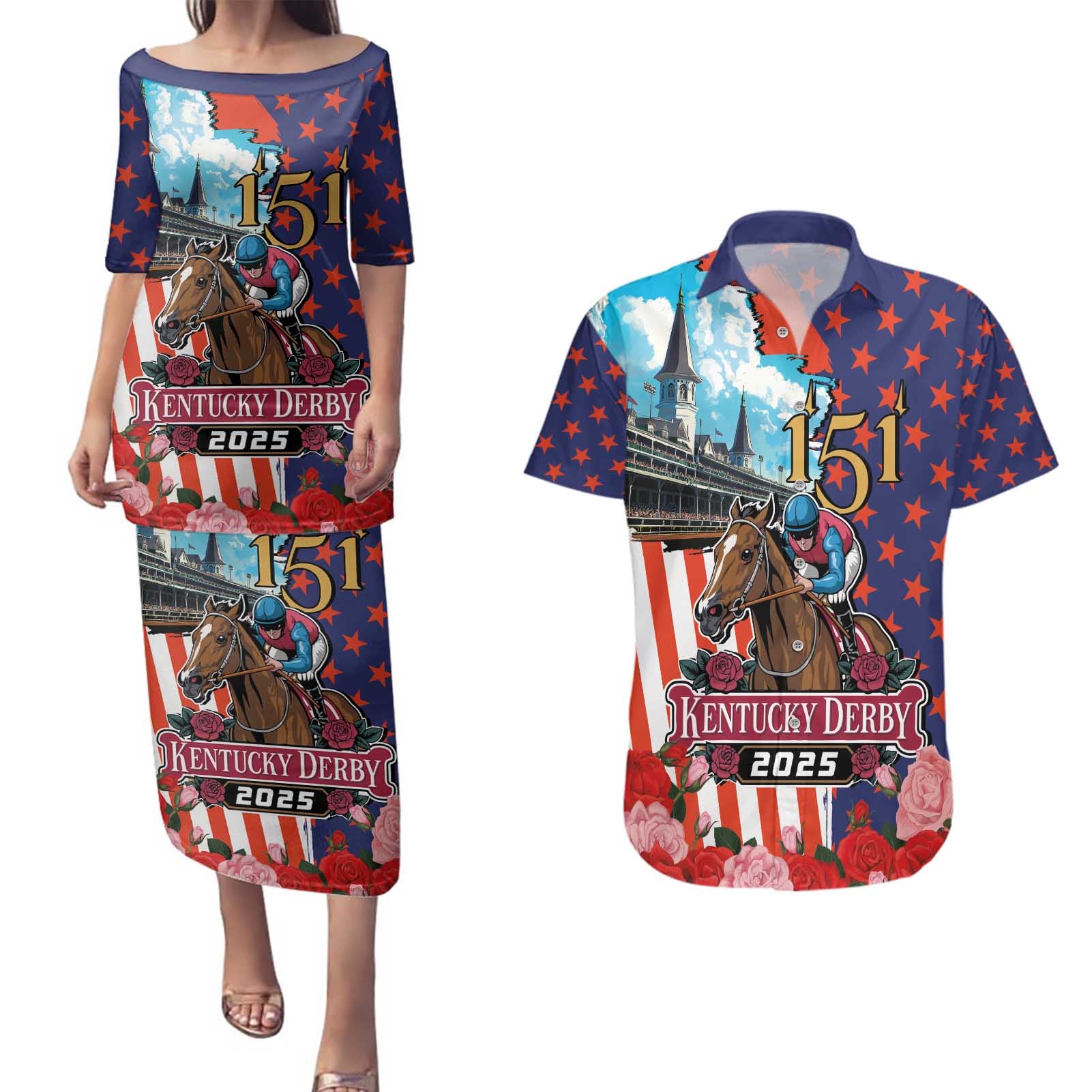 Kentucky Horses Racing 2025 Couples Matching Puletasi and Hawaiian Shirt Anniversary 151st The Race for the Roses