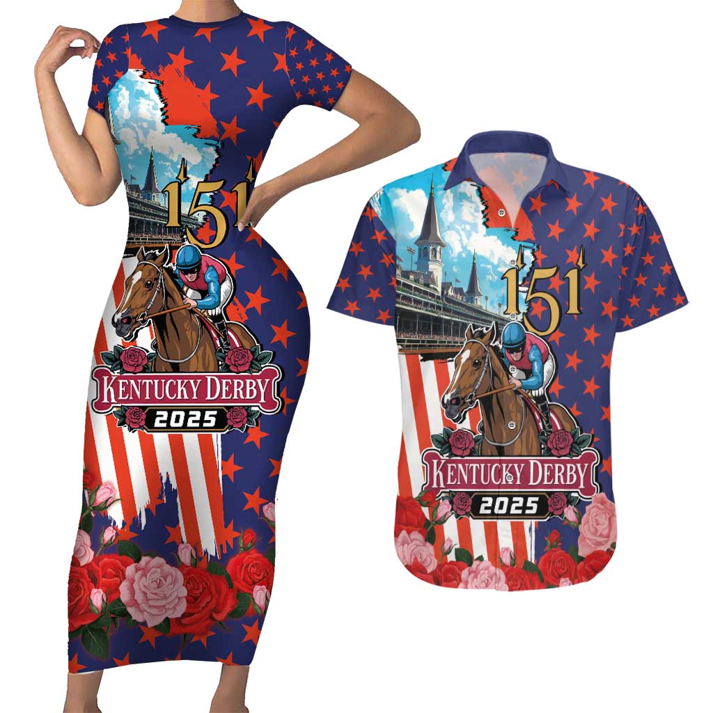 Kentucky Horses Racing 2025 Couples Matching Short Sleeve Bodycon Dress and Hawaiian Shirt Anniversary 151st The Race for the Roses