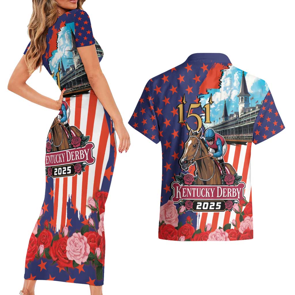 Kentucky Horses Racing 2025 Couples Matching Short Sleeve Bodycon Dress and Hawaiian Shirt Anniversary 151st The Race for the Roses