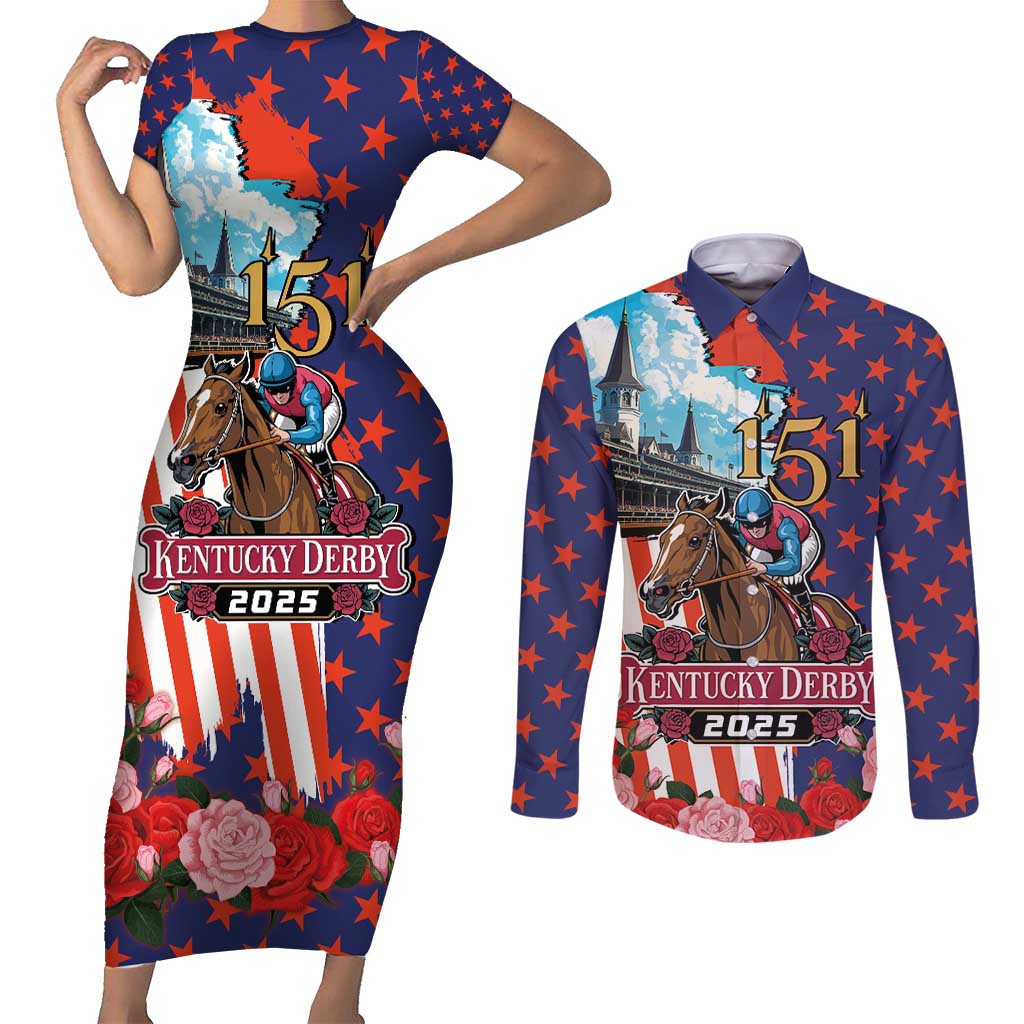 Kentucky Horses Racing 2025 Couples Matching Short Sleeve Bodycon Dress and Long Sleeve Button Shirt Anniversary 151st The Race for the Roses