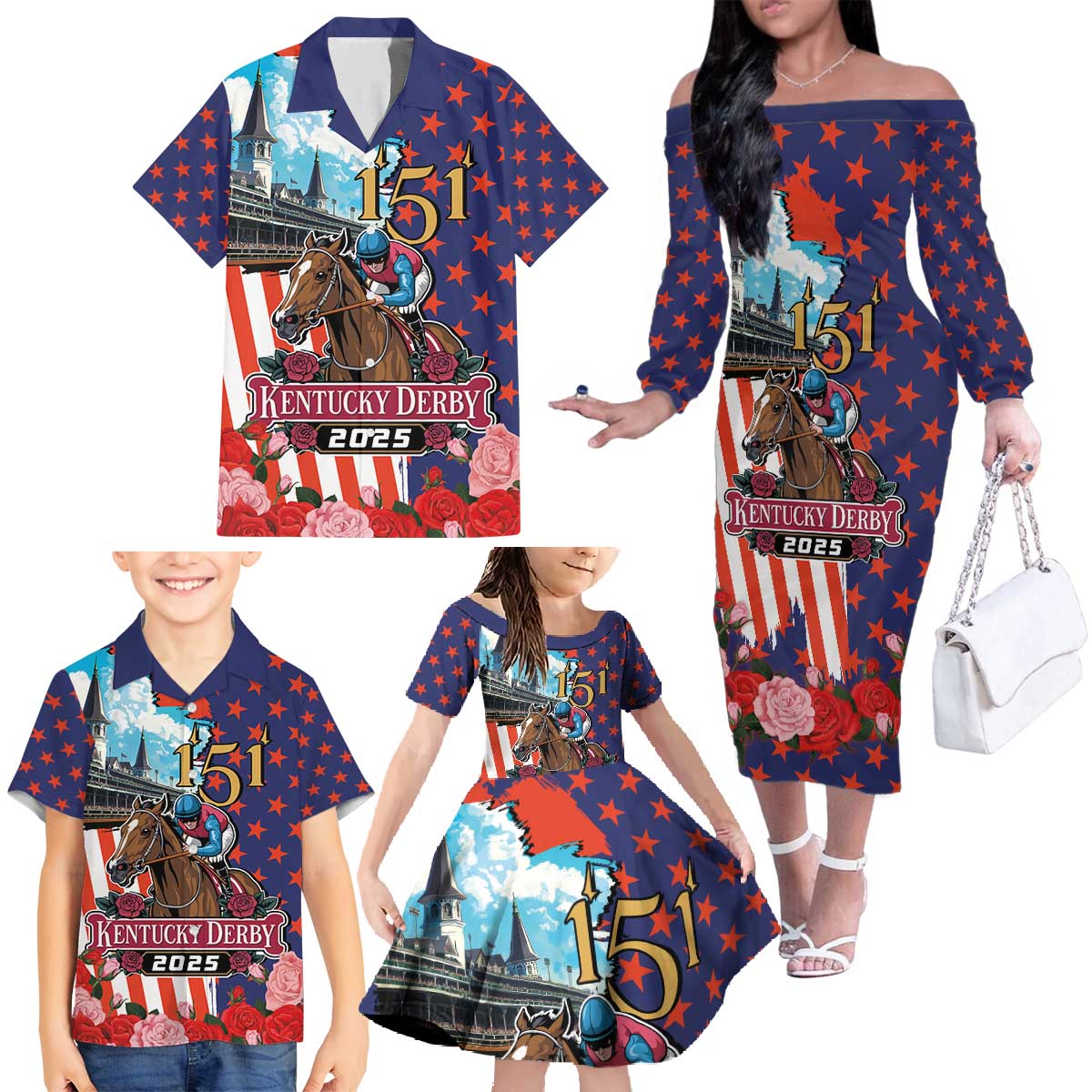 Kentucky Horses Racing 2025 Family Matching Off The Shoulder Long Sleeve Dress and Hawaiian Shirt Anniversary 151st The Race for the Roses