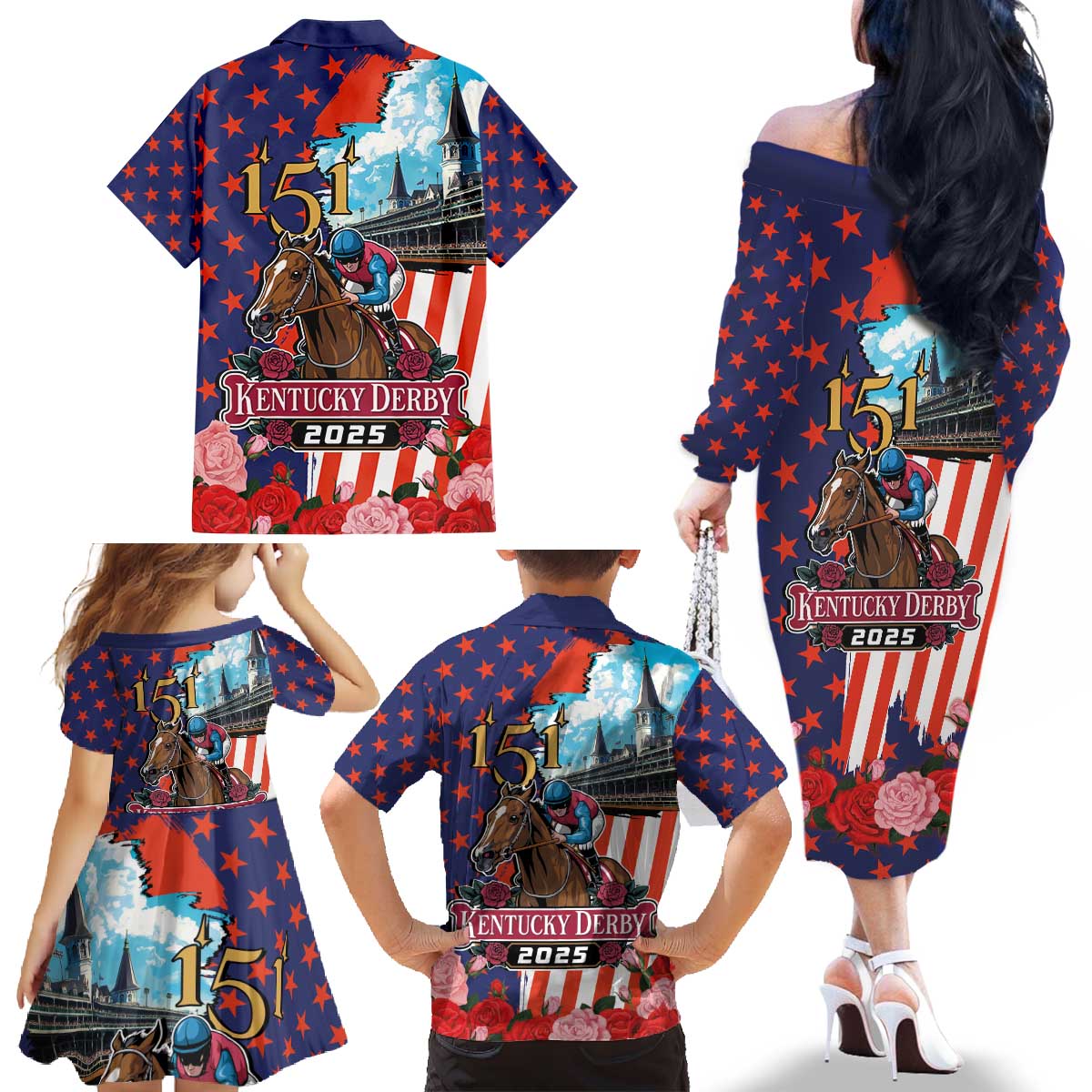 Kentucky Horses Racing 2025 Family Matching Off The Shoulder Long Sleeve Dress and Hawaiian Shirt Anniversary 151st The Race for the Roses