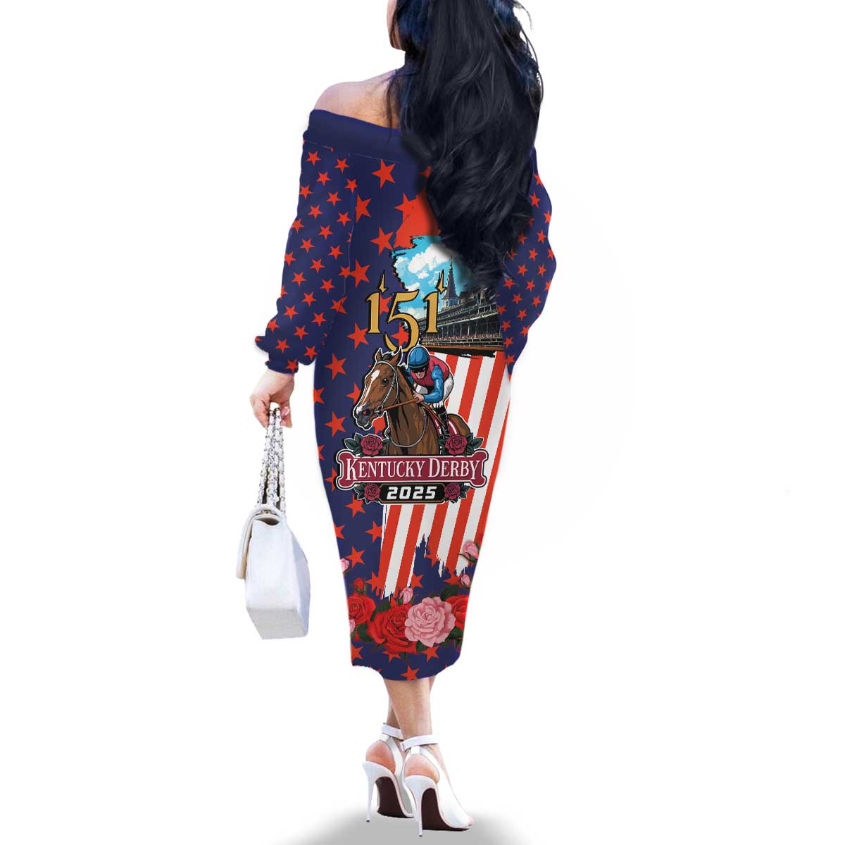 Kentucky Horses Racing 2025 Family Matching Off The Shoulder Long Sleeve Dress and Hawaiian Shirt Anniversary 151st The Race for the Roses