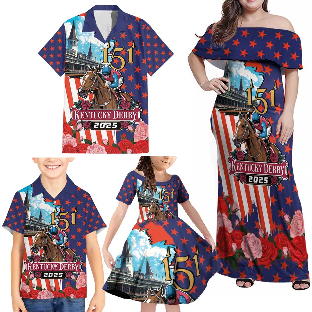 Kentucky Horses Racing 2025 Family Matching Off Shoulder Maxi Dress and Hawaiian Shirt Anniversary 151st The Race for the Roses