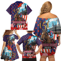 Kentucky Horses Racing 2025 Family Matching Off Shoulder Short Dress and Hawaiian Shirt Anniversary 151st The Race for the Roses