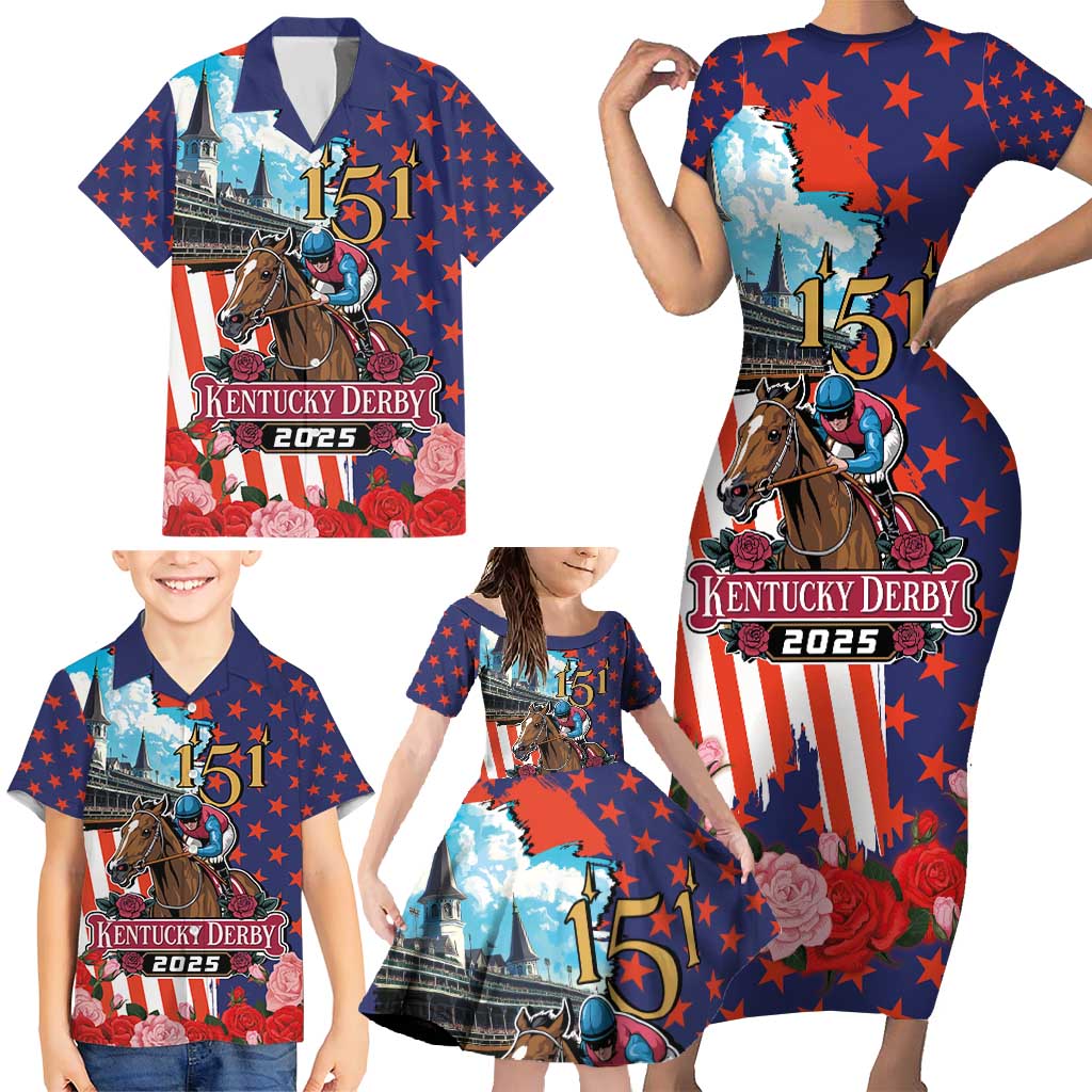 Kentucky Horses Racing 2025 Family Matching Short Sleeve Bodycon Dress and Hawaiian Shirt Anniversary 151st The Race for the Roses