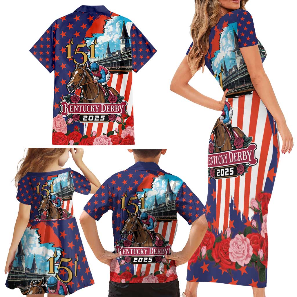 Kentucky Horses Racing 2025 Family Matching Short Sleeve Bodycon Dress and Hawaiian Shirt Anniversary 151st The Race for the Roses