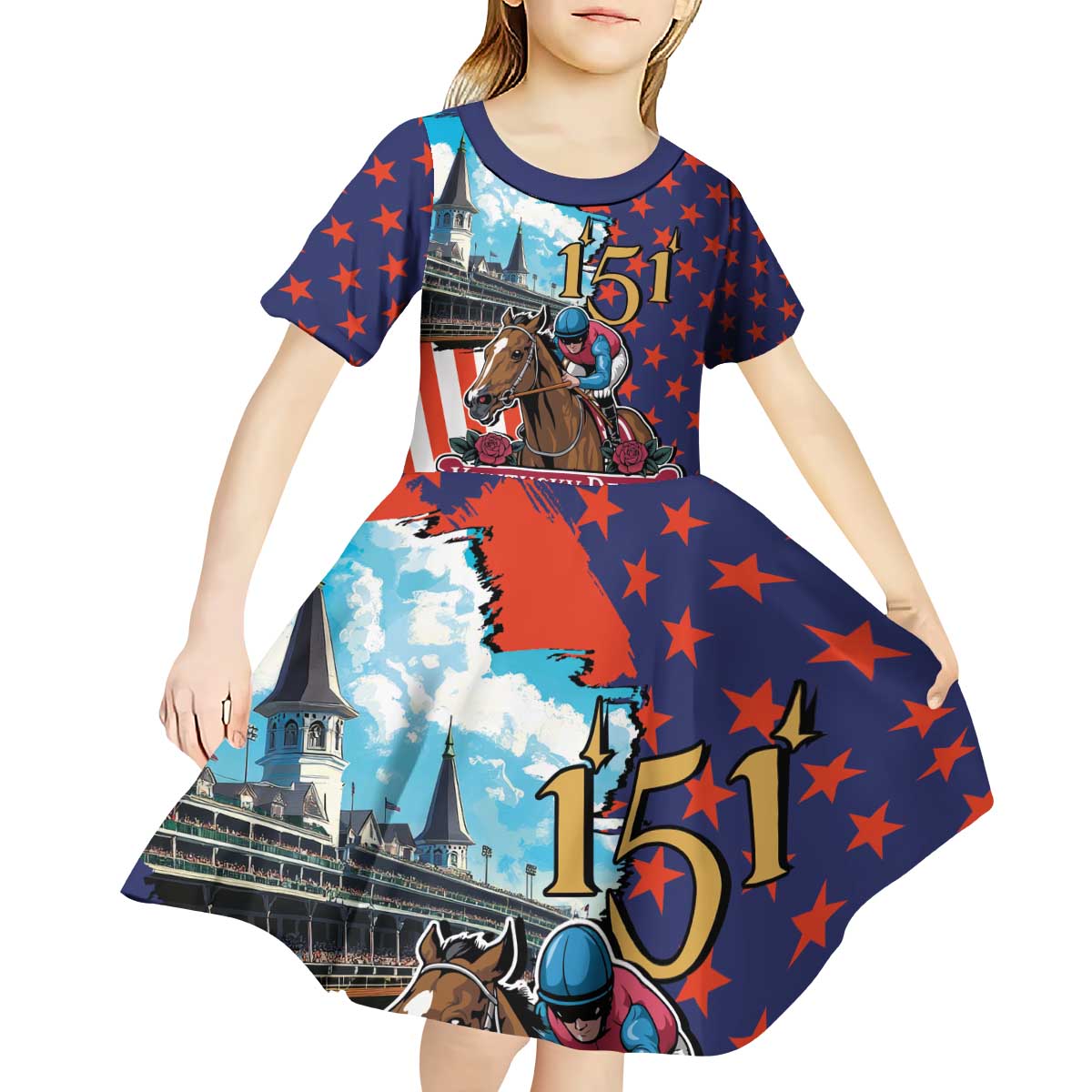 Kentucky Horses Racing 2025 Kid Short Sleeve Dress Anniversary 151st The Race for the Roses