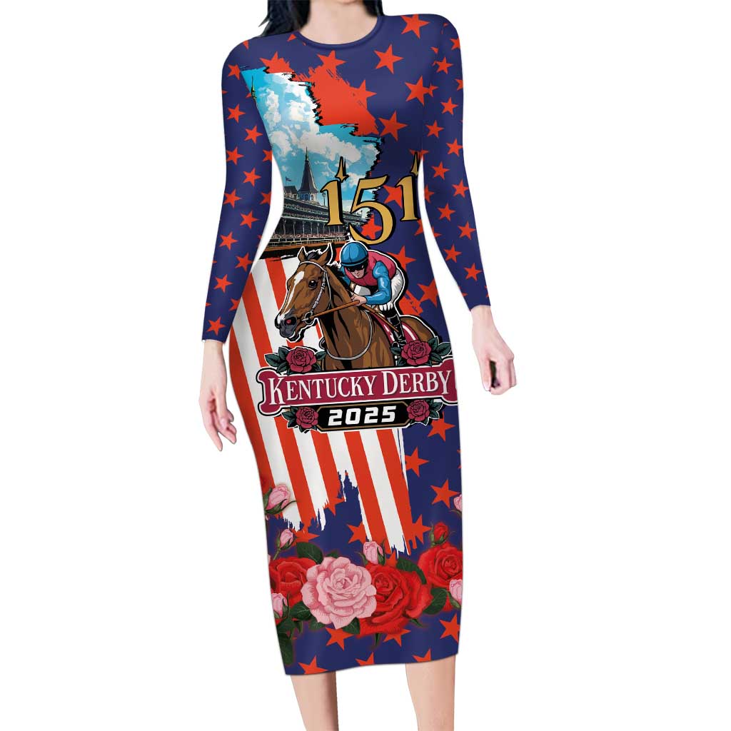 Kentucky Horses Racing 2025 Long Sleeve Bodycon Dress Anniversary 151st The Race for the Roses