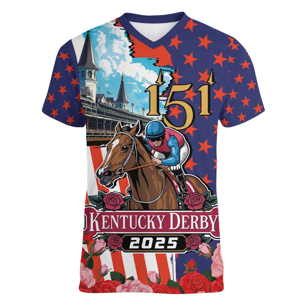 Kentucky Horses Racing 2025 Women V-Neck T-Shirt Anniversary 151st The Race for the Roses