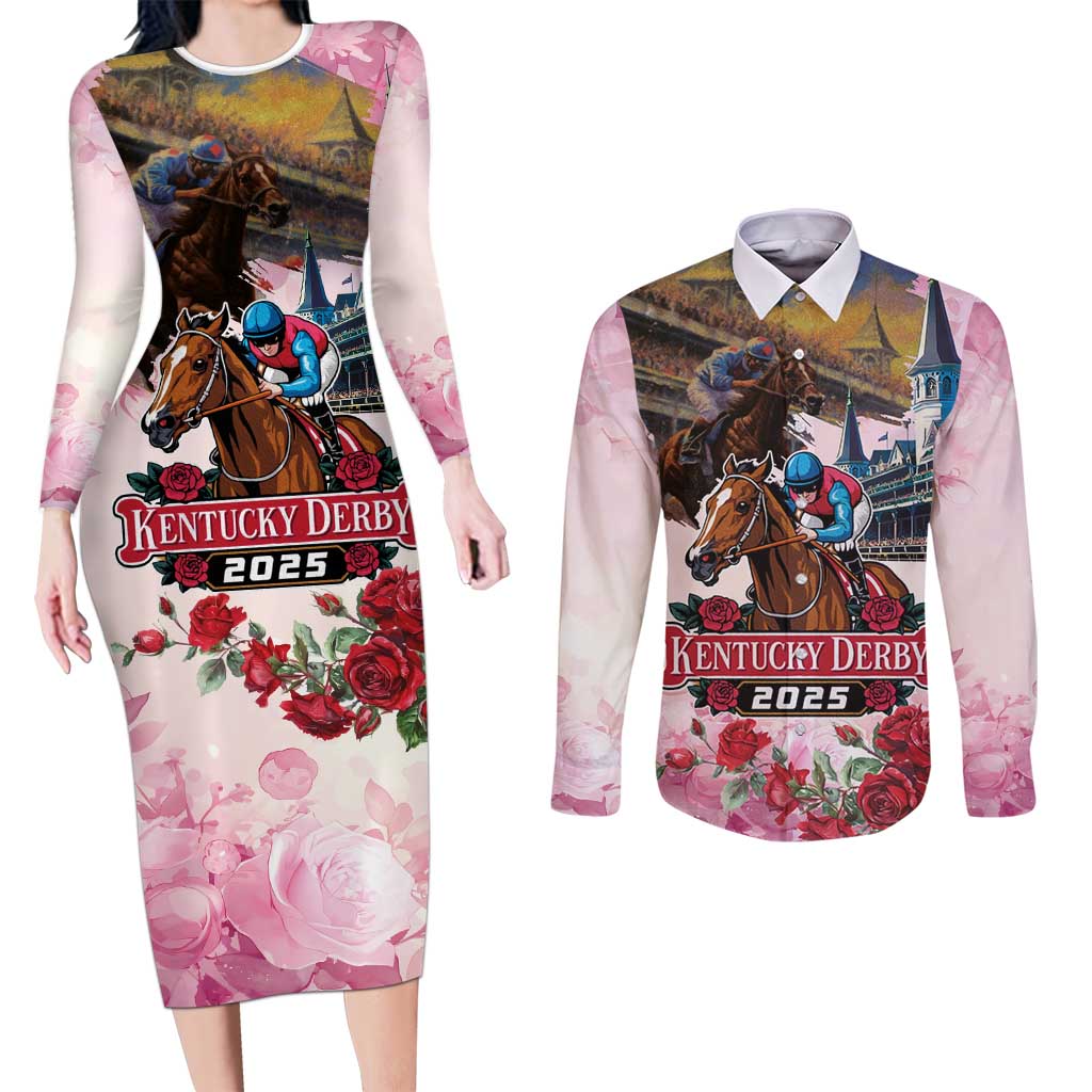 Kentucky Horses Racing 2025 Couples Matching Long Sleeve Bodycon Dress and Long Sleeve Button Shirt Churchill Downs The Race for the Roses
