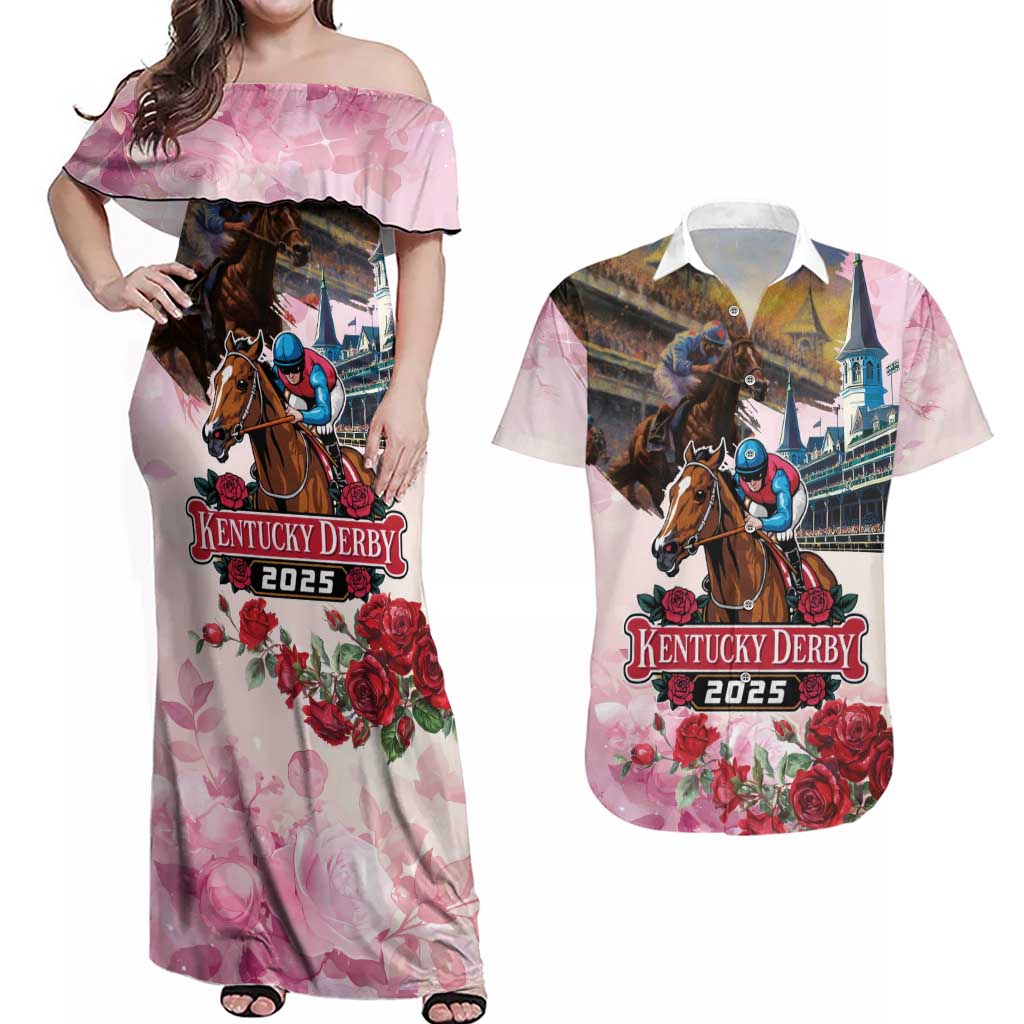 Kentucky Horses Racing 2025 Couples Matching Off Shoulder Maxi Dress and Hawaiian Shirt Churchill Downs The Race for the Roses