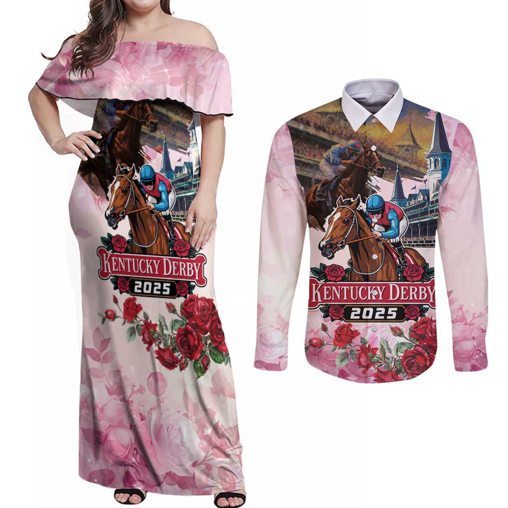 Kentucky Horses Racing 2025 Couples Matching Off Shoulder Maxi Dress and Long Sleeve Button Shirt Churchill Downs The Race for the Roses