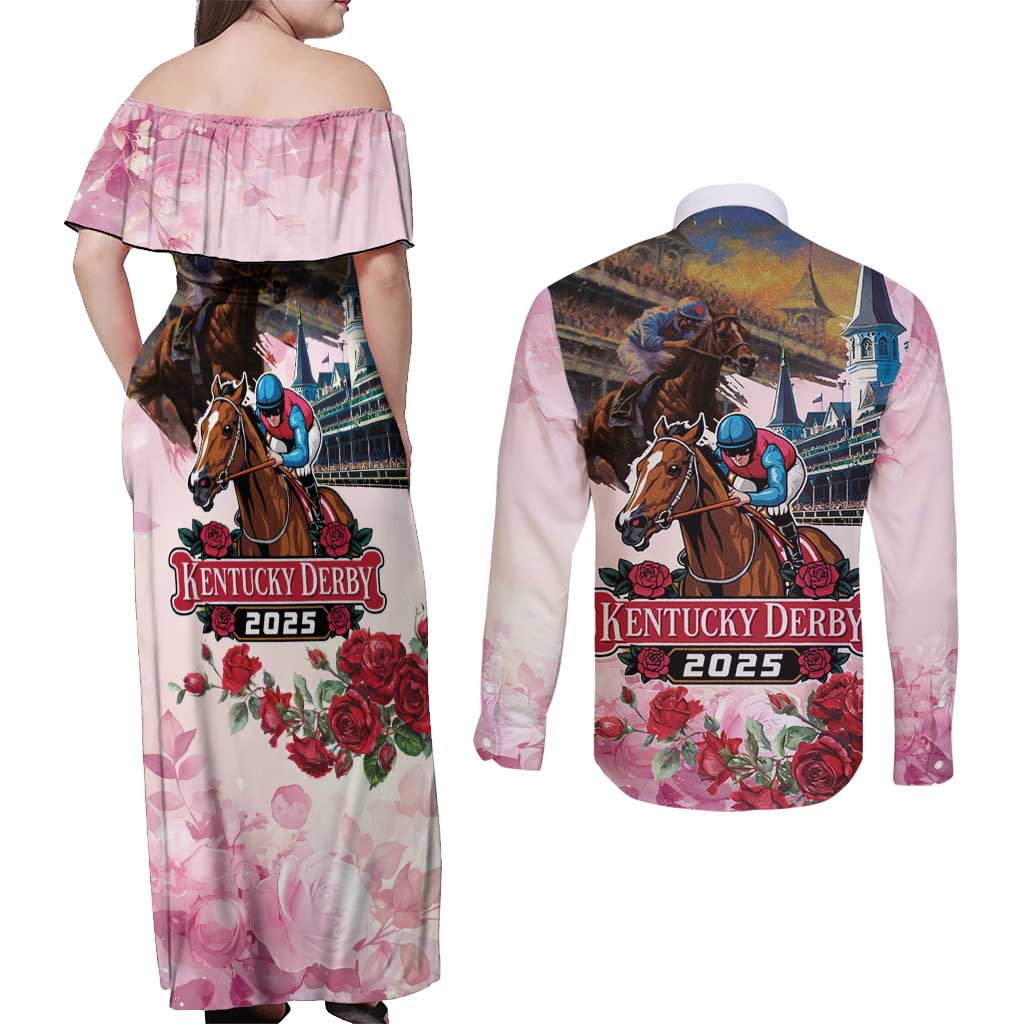 Kentucky Horses Racing 2025 Couples Matching Off Shoulder Maxi Dress and Long Sleeve Button Shirt Churchill Downs The Race for the Roses