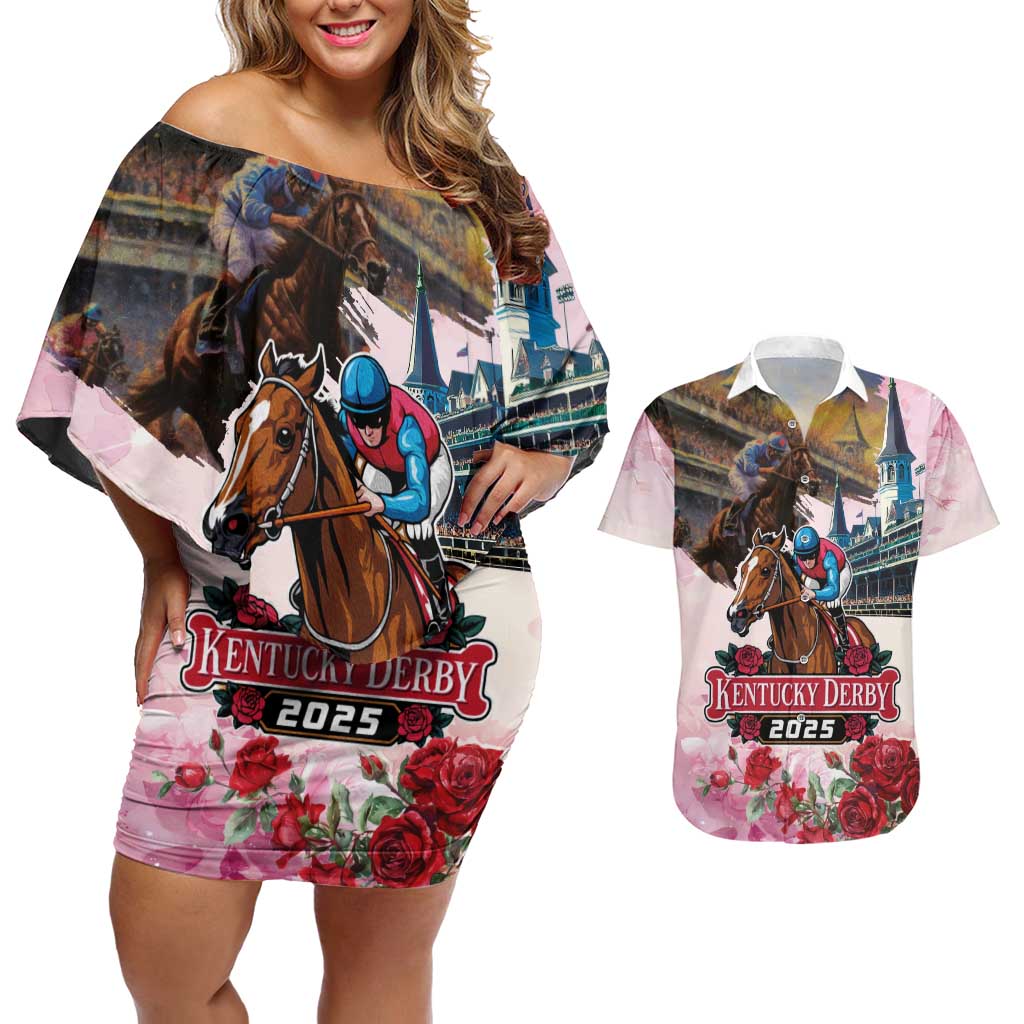 Kentucky Horses Racing 2025 Couples Matching Off Shoulder Short Dress and Hawaiian Shirt Churchill Downs The Race for the Roses