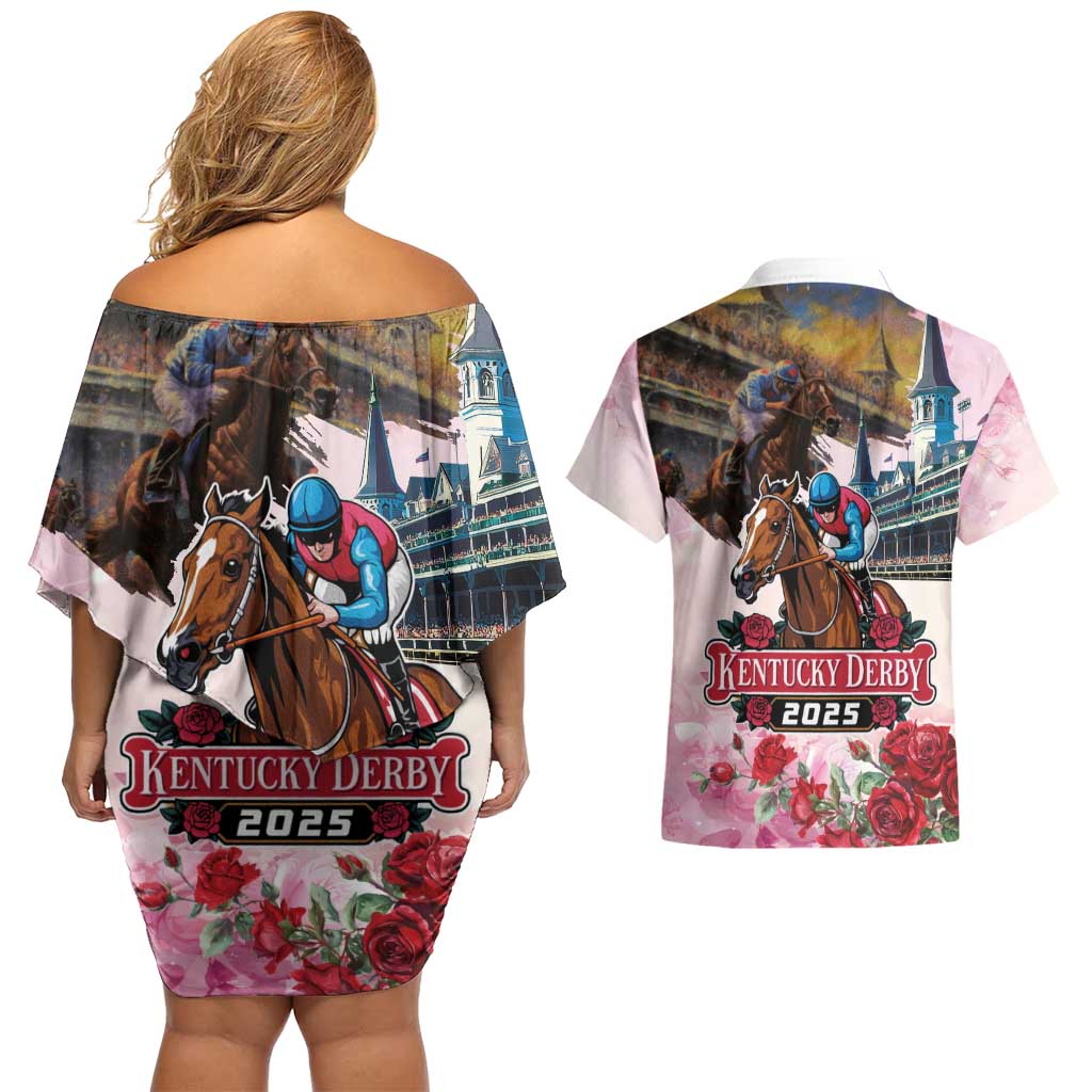 Kentucky Horses Racing 2025 Couples Matching Off Shoulder Short Dress and Hawaiian Shirt Churchill Downs The Race for the Roses