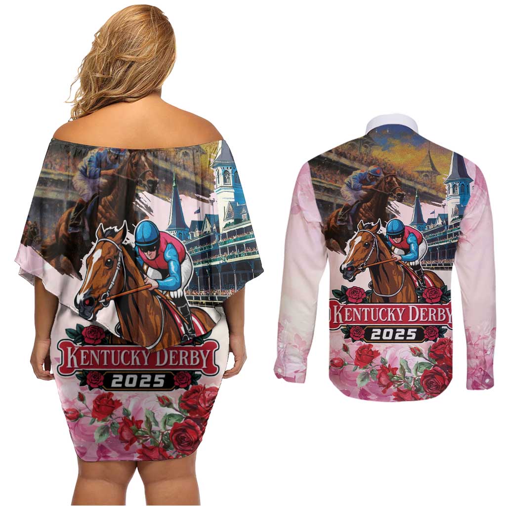 Kentucky Horses Racing 2025 Couples Matching Off Shoulder Short Dress and Long Sleeve Button Shirt Churchill Downs The Race for the Roses
