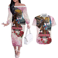 Kentucky Horses Racing 2025 Couples Matching Off The Shoulder Long Sleeve Dress and Hawaiian Shirt Churchill Downs The Race for the Roses