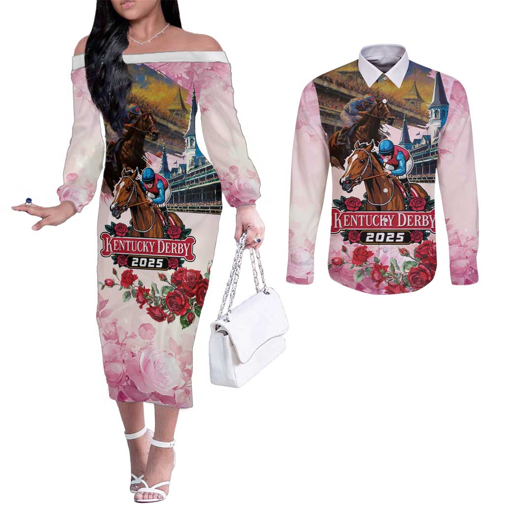 Kentucky Horses Racing 2025 Couples Matching Off The Shoulder Long Sleeve Dress and Long Sleeve Button Shirt Churchill Downs The Race for the Roses