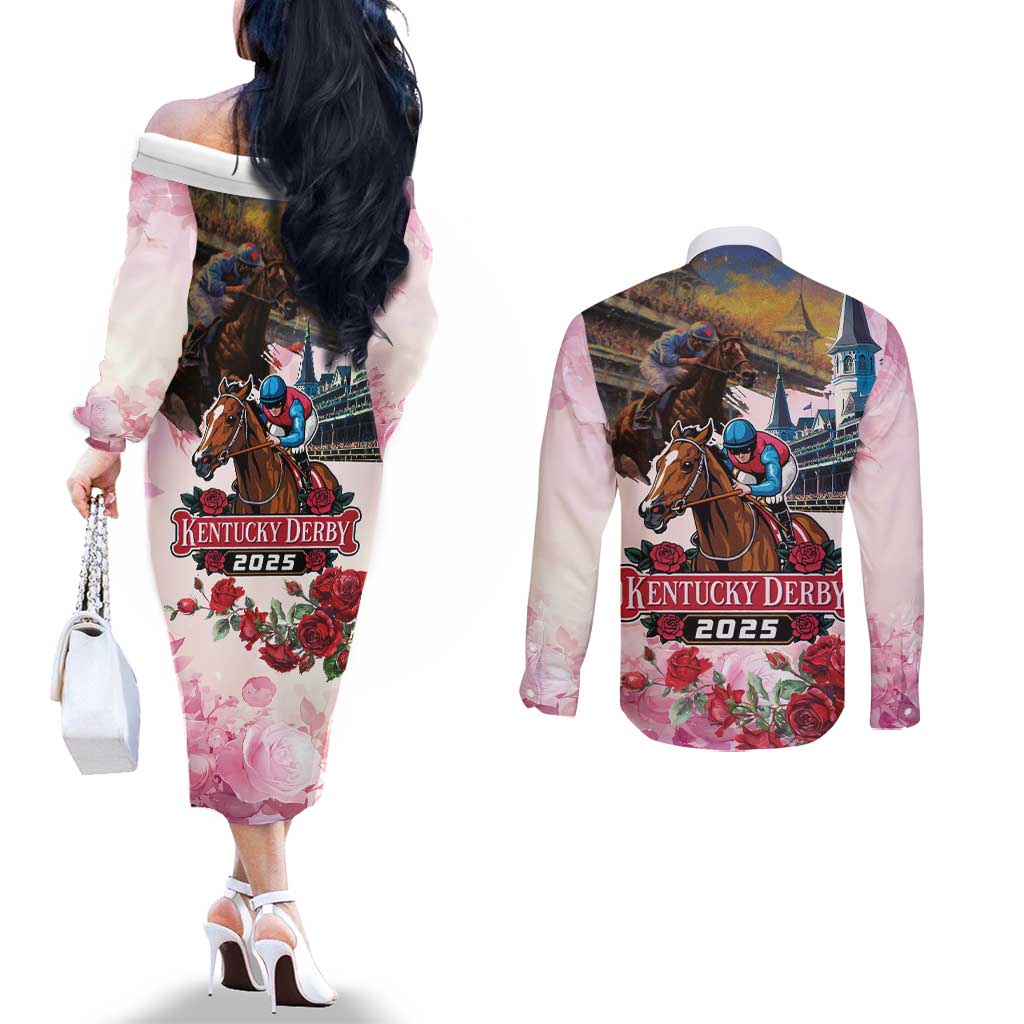 Kentucky Horses Racing 2025 Couples Matching Off The Shoulder Long Sleeve Dress and Long Sleeve Button Shirt Churchill Downs The Race for the Roses