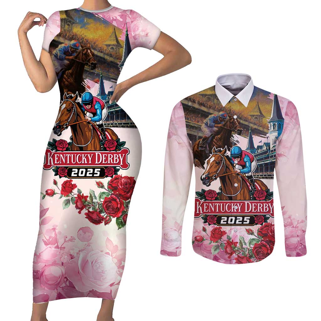 Kentucky Horses Racing 2025 Couples Matching Short Sleeve Bodycon Dress and Long Sleeve Button Shirt Churchill Downs The Race for the Roses
