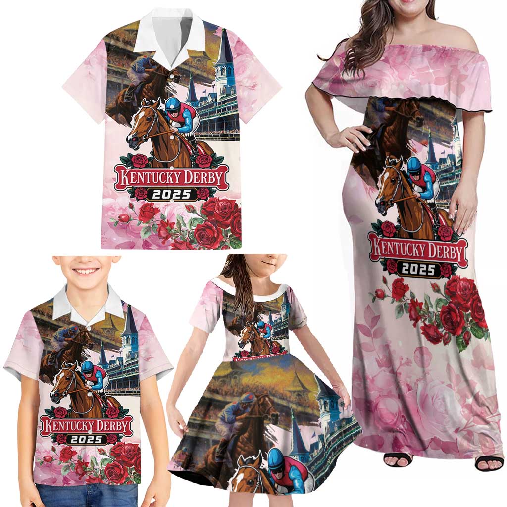 Kentucky Horses Racing 2025 Family Matching Off Shoulder Maxi Dress and Hawaiian Shirt Churchill Downs The Race for the Roses