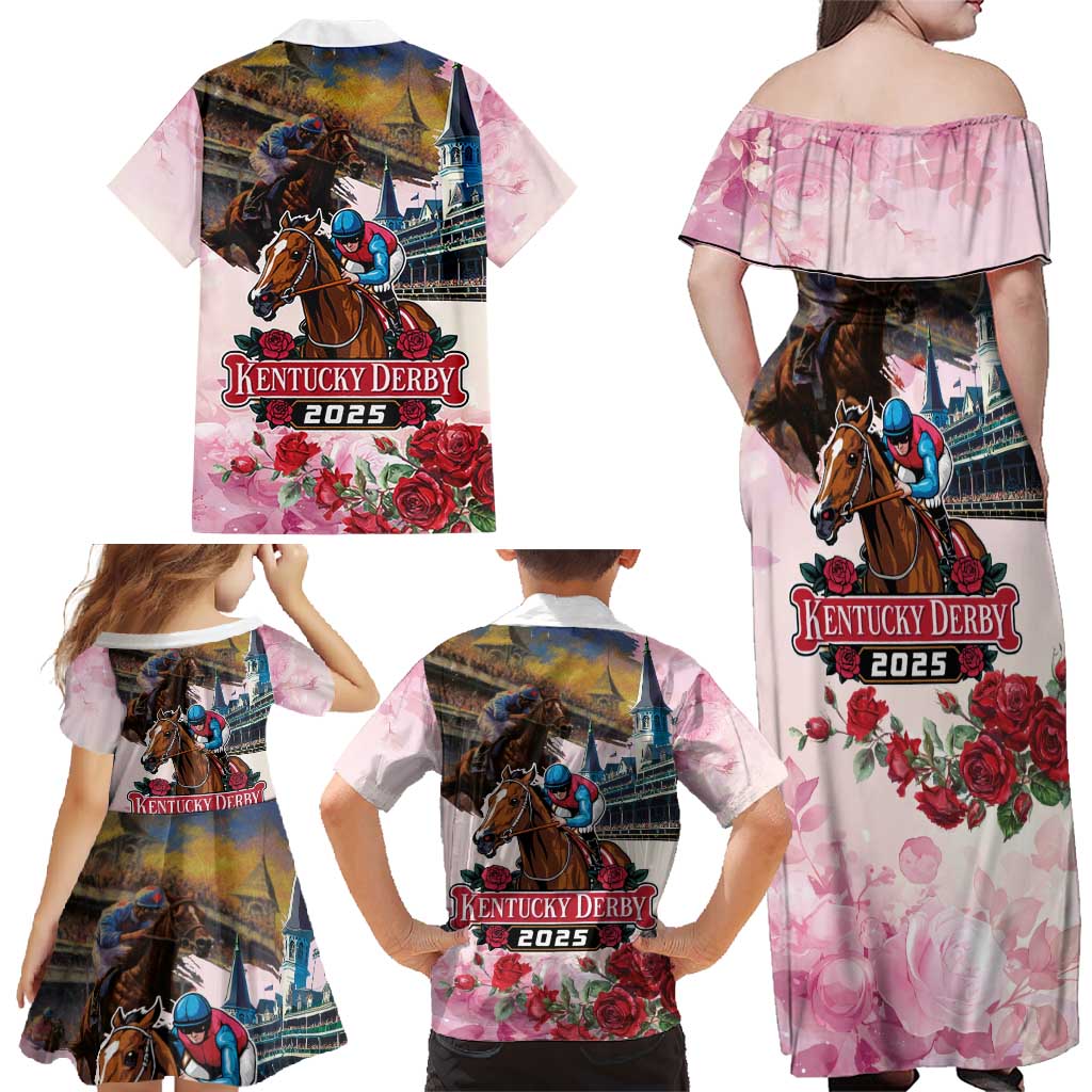 Kentucky Horses Racing 2025 Family Matching Off Shoulder Maxi Dress and Hawaiian Shirt Churchill Downs The Race for the Roses