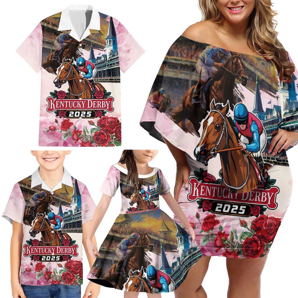 Kentucky Horses Racing 2025 Family Matching Off Shoulder Short Dress and Hawaiian Shirt Churchill Downs The Race for the Roses