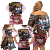Kentucky Horses Racing 2025 Family Matching Off Shoulder Short Dress and Hawaiian Shirt Churchill Downs The Race for the Roses