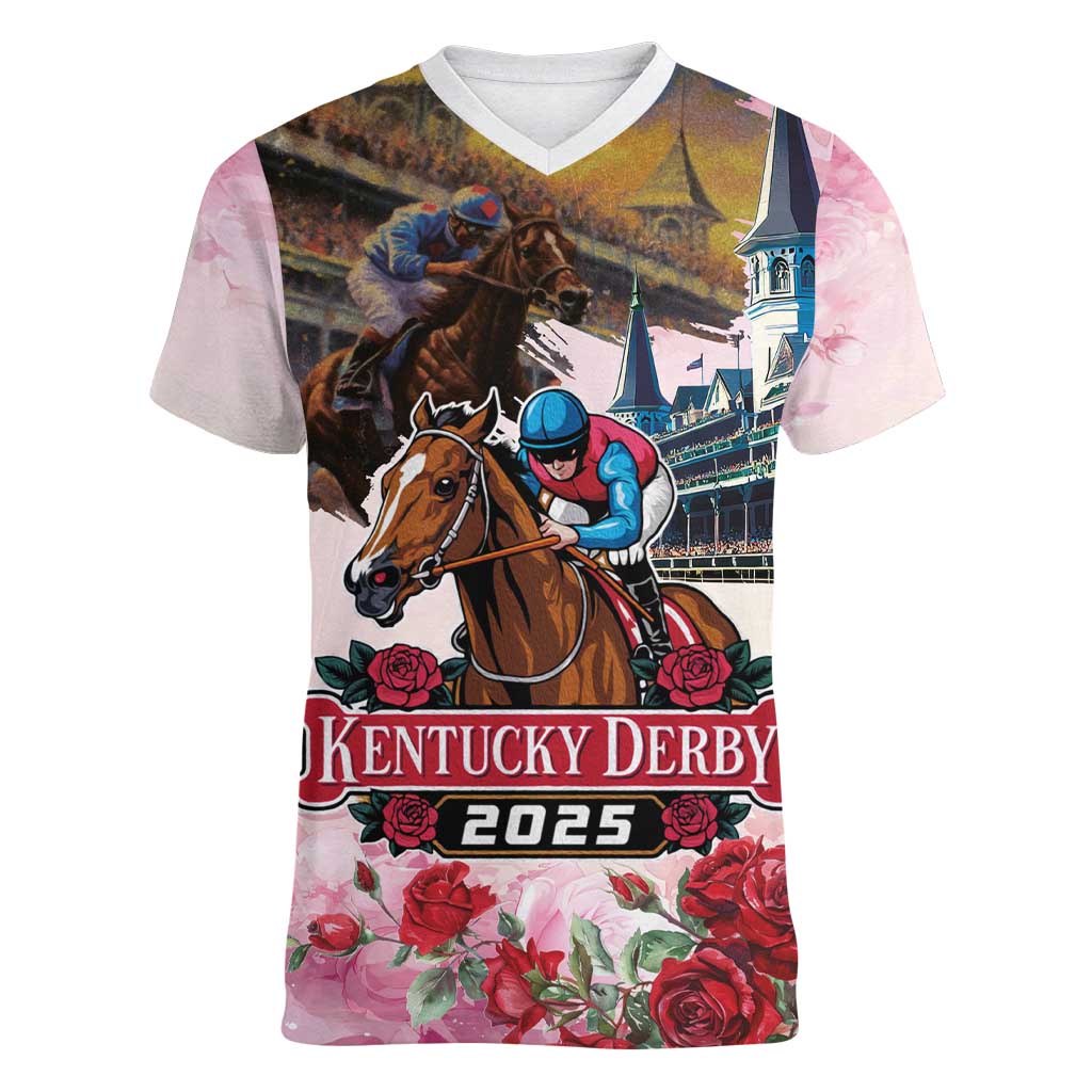 Kentucky Horses Racing 2025 Women V-Neck T-Shirt Churchill Downs The Race for the Roses
