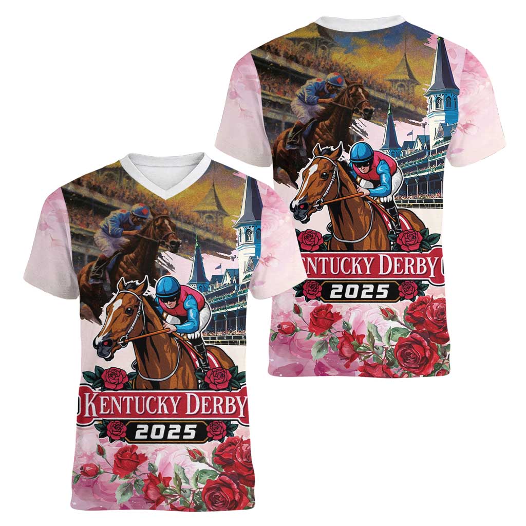 Kentucky Horses Racing 2025 Women V-Neck T-Shirt Churchill Downs The Race for the Roses